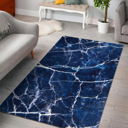 Blue White Marble Print Area Rug GearFrost