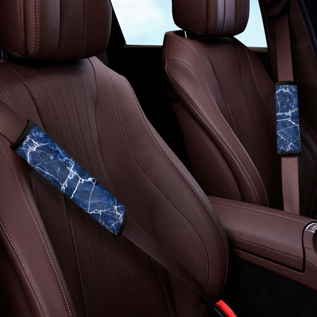 Blue White Marble Print Car Seat Belt Covers