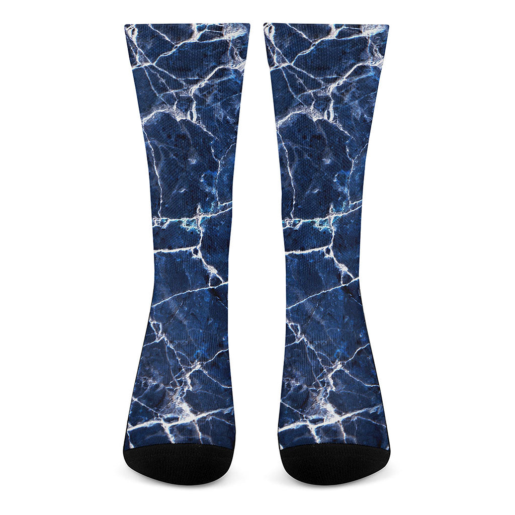 Blue White Marble Print Crew Socks