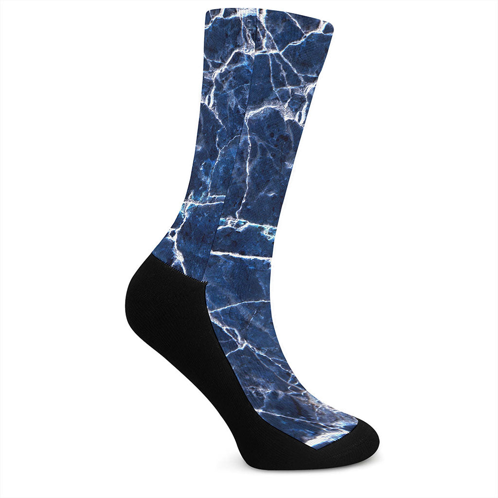 Blue White Marble Print Crew Socks