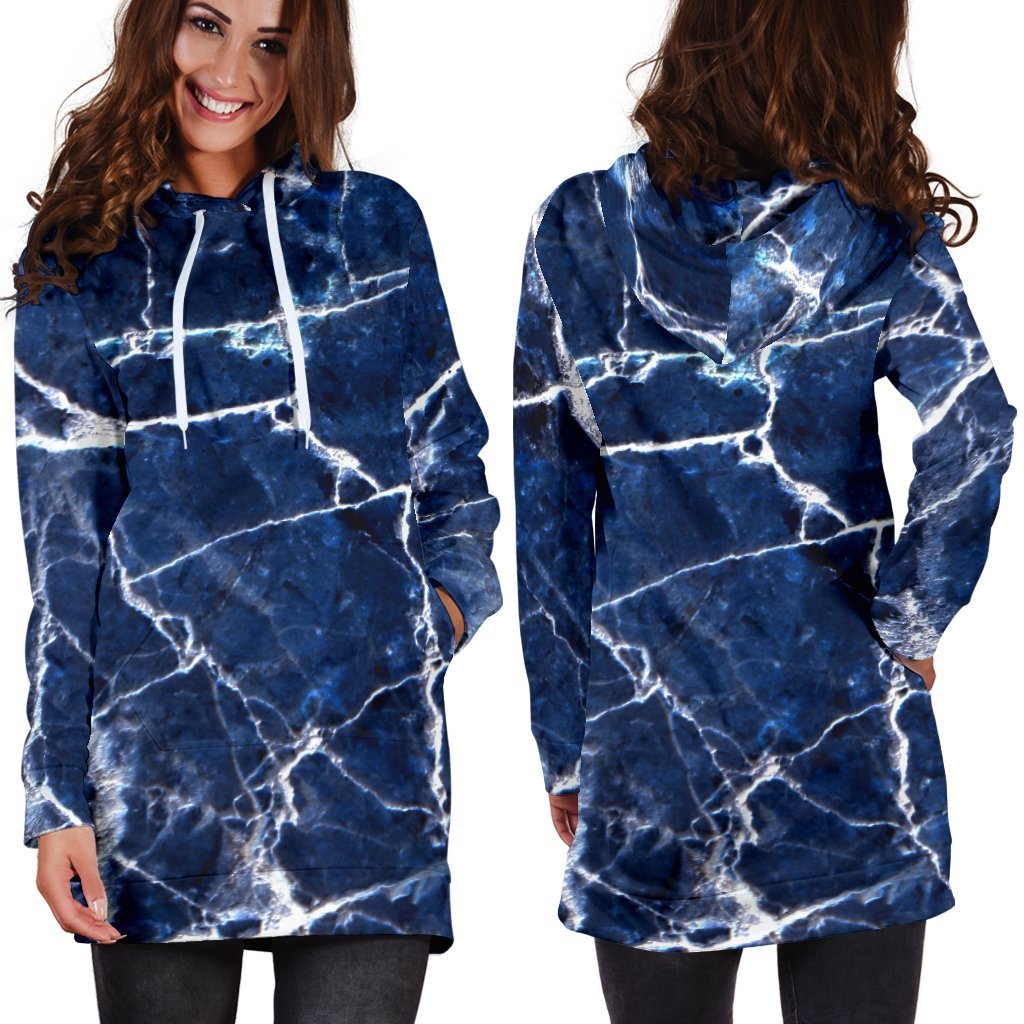 Blue White Marble Print Hoodie Dress GearFrost