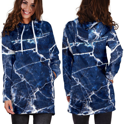 Blue White Marble Print Hoodie Dress GearFrost