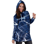 Blue White Marble Print Hoodie Dress GearFrost