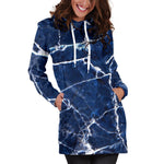 Blue White Marble Print Hoodie Dress GearFrost