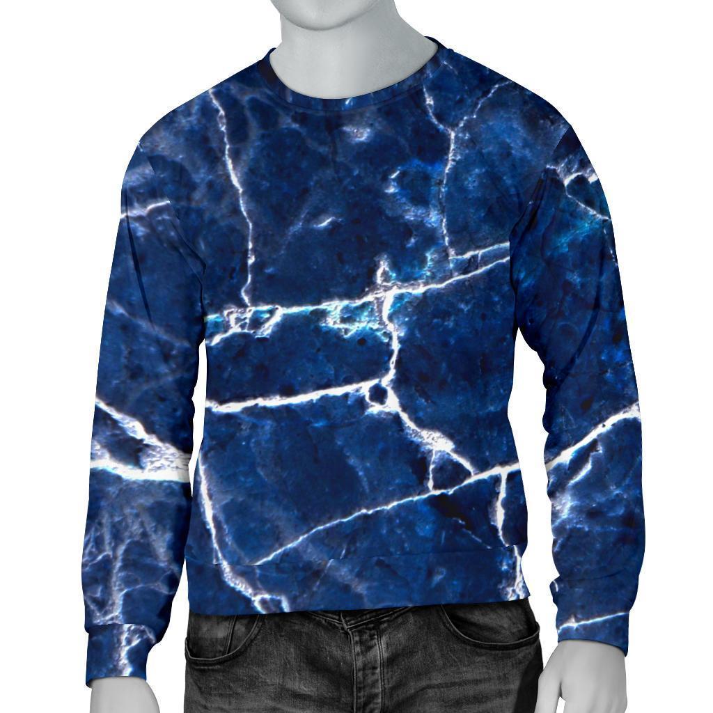 Blue White Marble Print Men's Crewneck Sweatshirt GearFrost