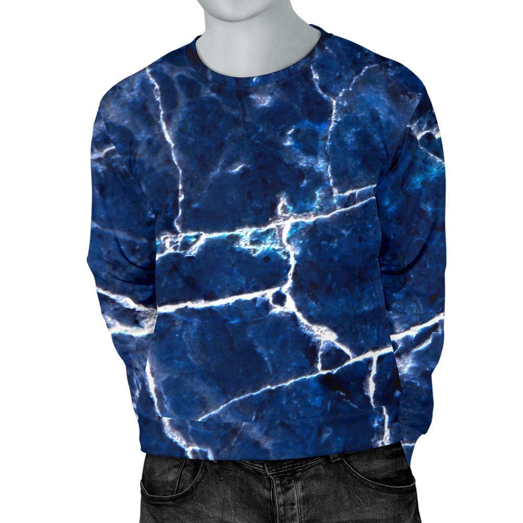 Blue White Marble Print Men's Crewneck Sweatshirt GearFrost