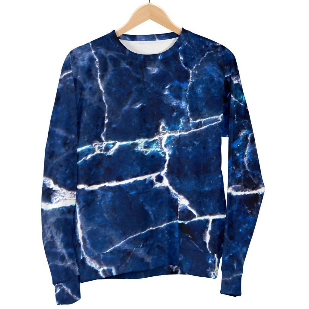 Blue White Marble Print Men's Crewneck Sweatshirt GearFrost