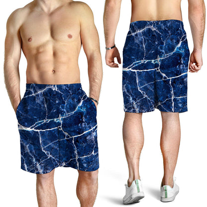 Blue White Marble Print Men's Shorts