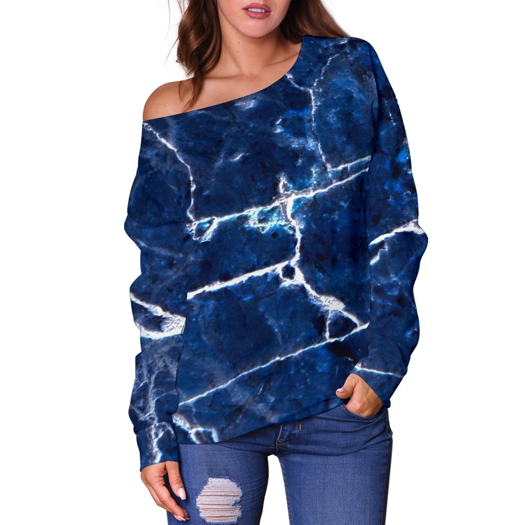 Blue White Marble Print Off Shoulder Sweatshirt GearFrost