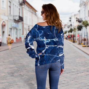 Blue White Marble Print Off Shoulder Sweatshirt GearFrost