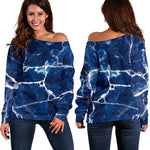 Blue White Marble Print Off Shoulder Sweatshirt GearFrost