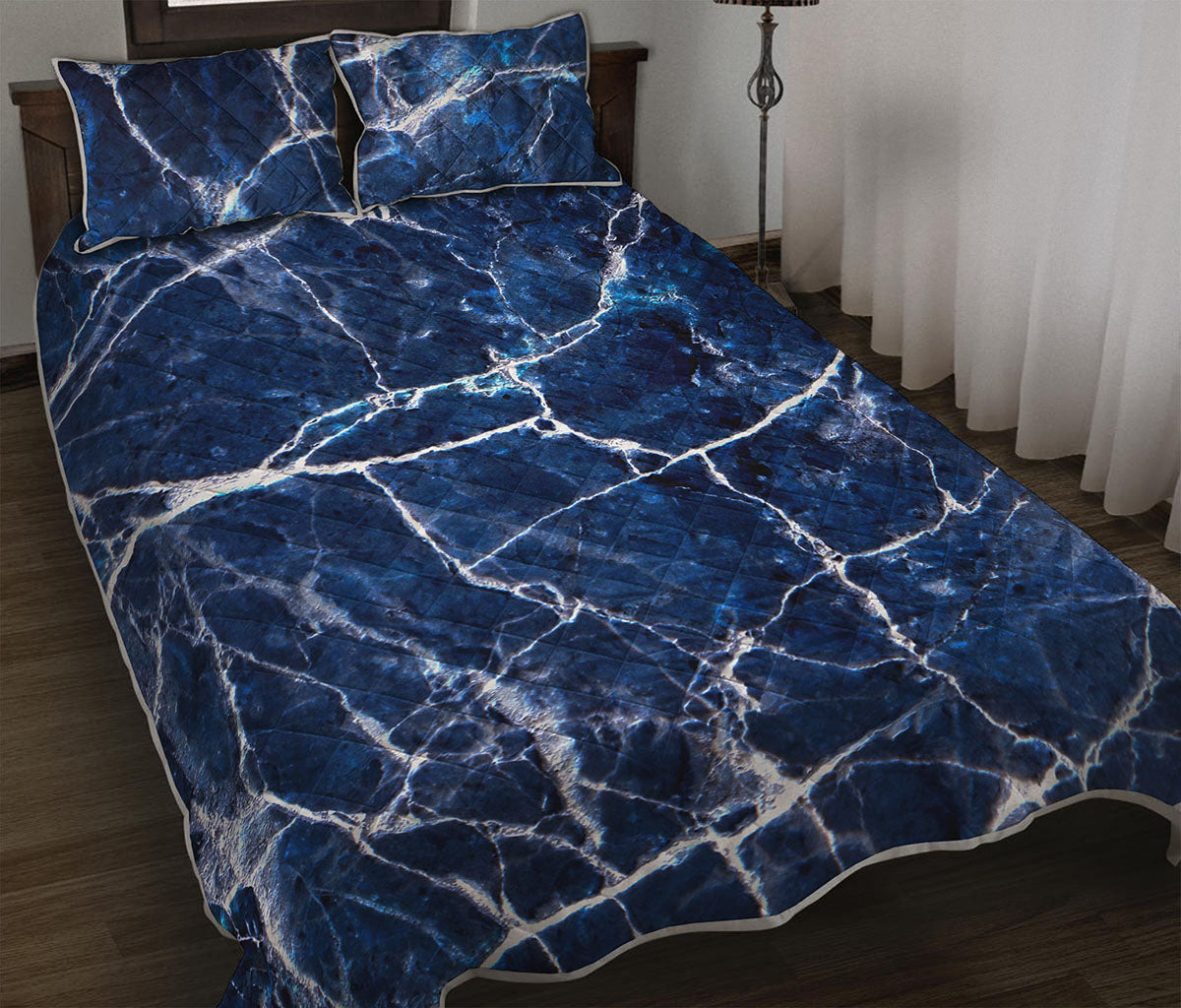 Blue White Marble Print Quilt Bed Set