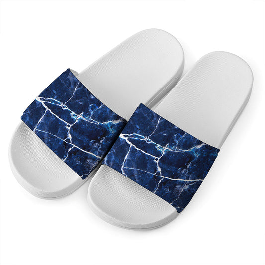 Blue White Marble Print White Slide Sandals