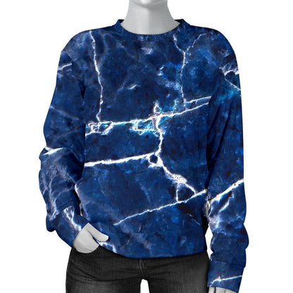 Blue White Marble Print Women's Crewneck Sweatshirt GearFrost