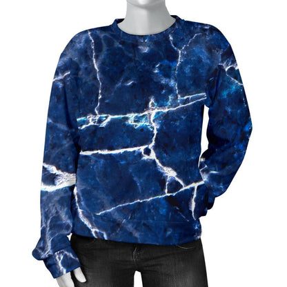 Blue White Marble Print Women's Crewneck Sweatshirt GearFrost