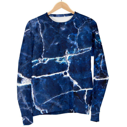 Blue White Marble Print Women's Crewneck Sweatshirt GearFrost