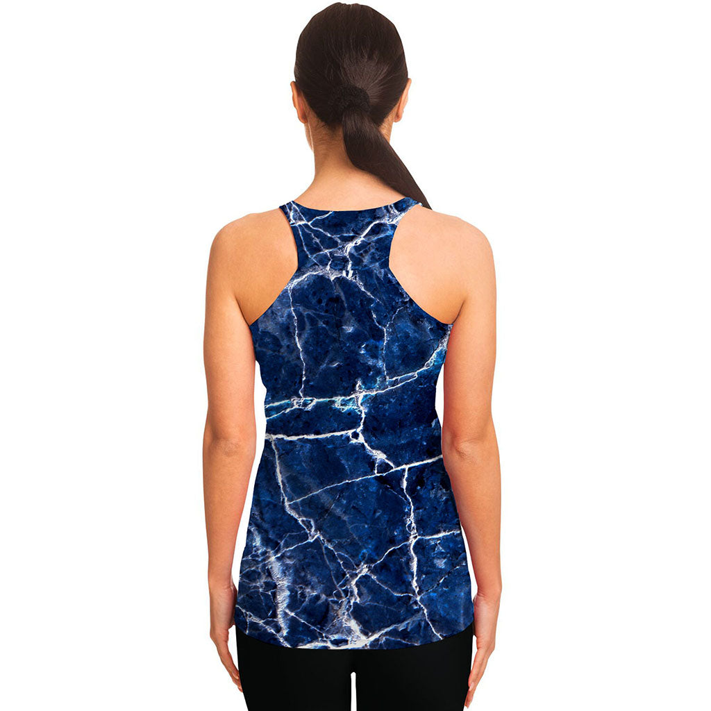 Blue White Marble Print Women's Racerback Tank Top