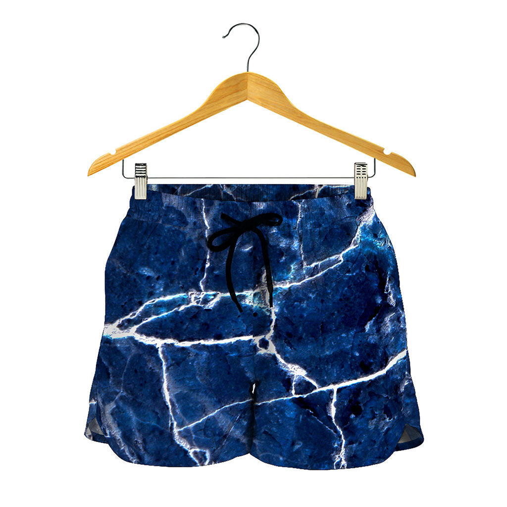 Blue White Marble Print Women's Shorts
