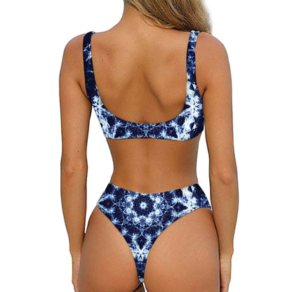 Blue Winter Mandala Print Front Bow Tie Bikini