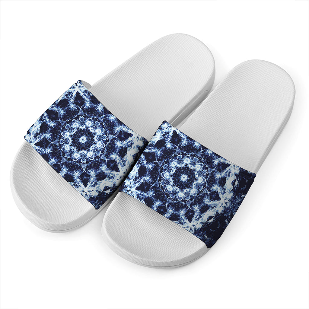 Blue Winter Mandala Print White Slide Sandals