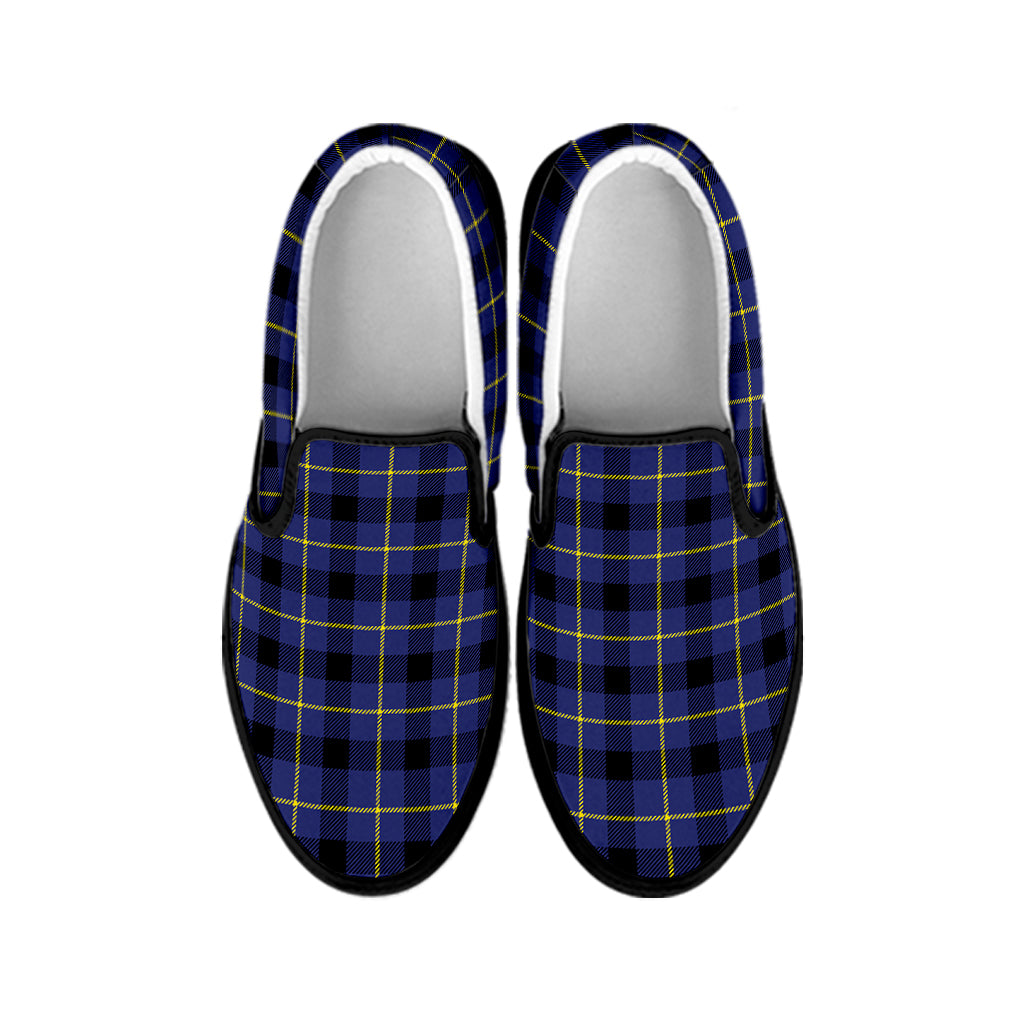 Blue Yellow And Black Plaid Print Black Slip On Shoes
