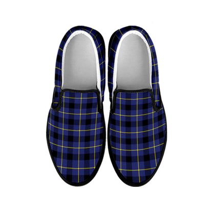 Blue Yellow And Black Plaid Print Black Slip On Shoes