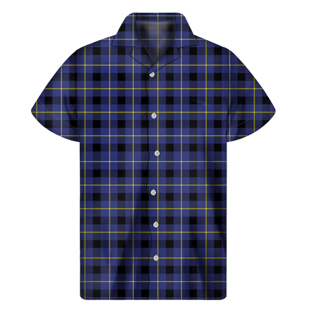 Blue Yellow And Black Plaid Print Men's Short Sleeve Shirt