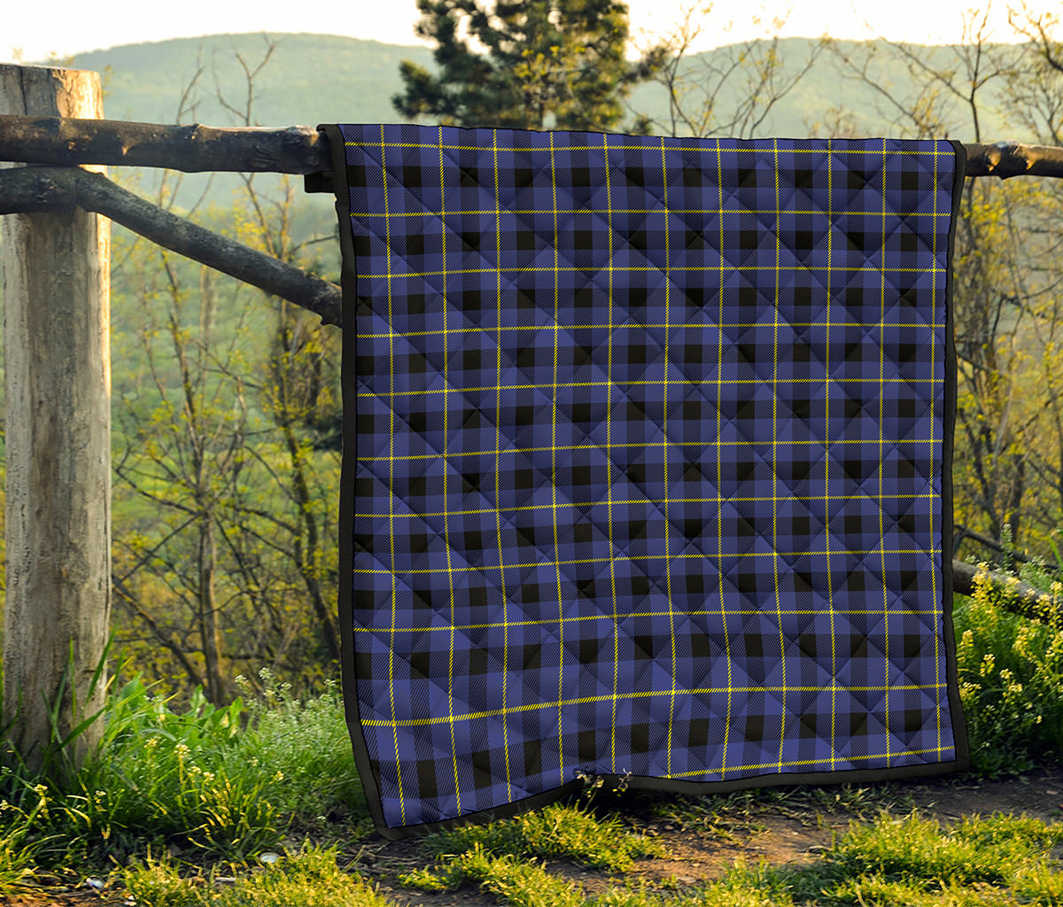 Blue Yellow And Black Plaid Print Quilt