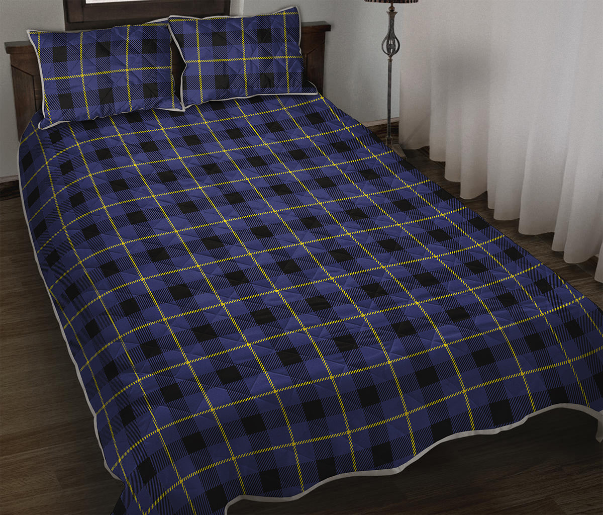 Blue Yellow And Black Plaid Print Quilt Bed Set