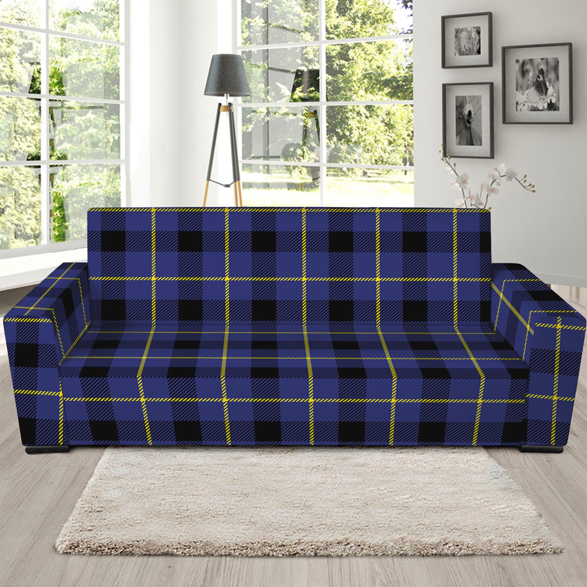 Blue Yellow And Black Plaid Print Sofa Slipcover