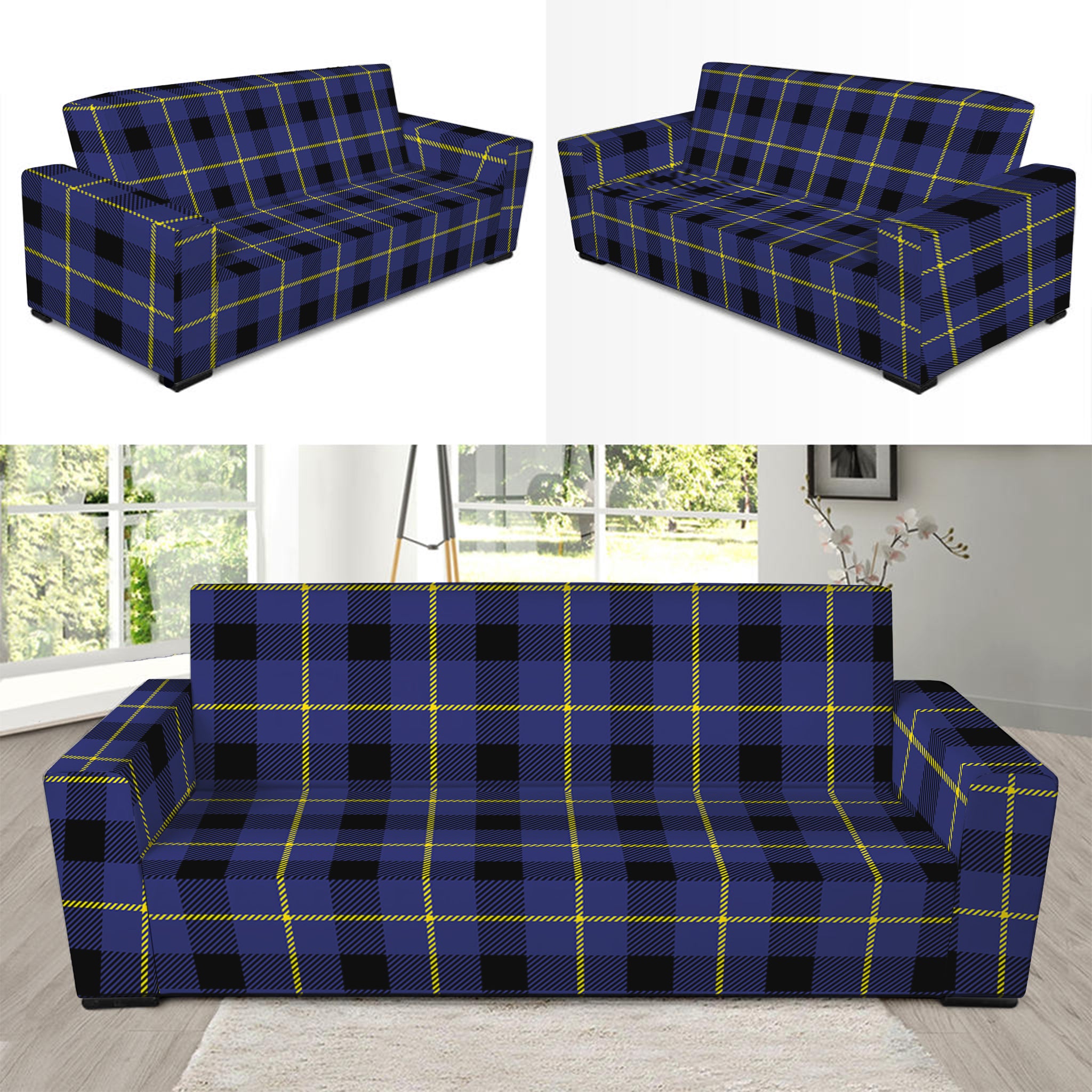 Blue Yellow And Black Plaid Print Sofa Slipcover