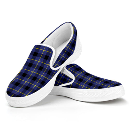 Blue Yellow And Black Plaid Print White Slip On Shoes