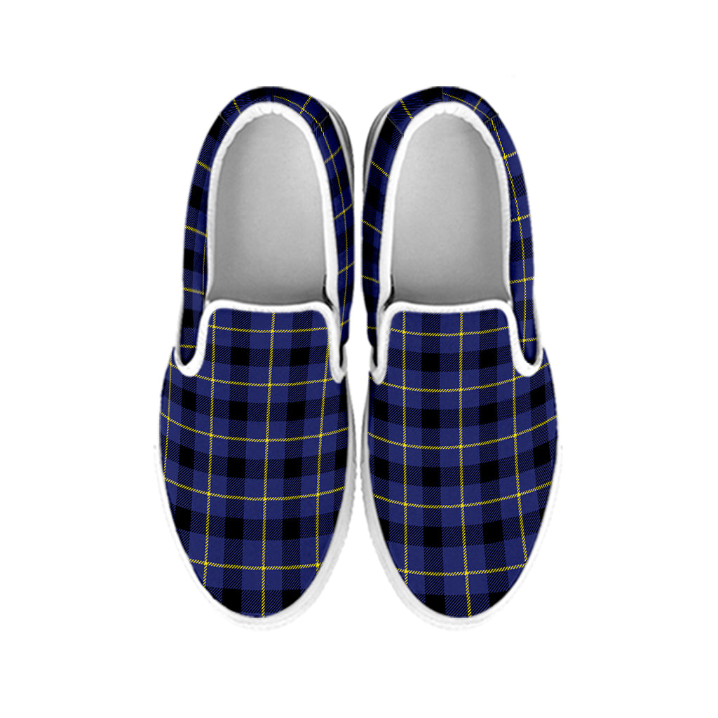 Blue Yellow And Black Plaid Print White Slip On Shoes