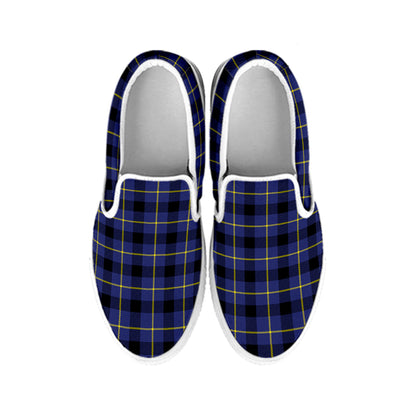 Blue Yellow And Black Plaid Print White Slip On Shoes