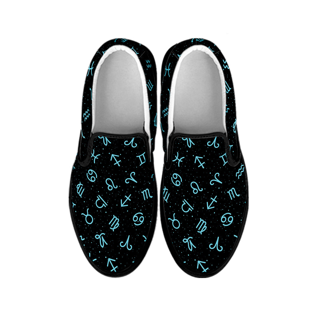 Blue Zodiac Symbols Pattern Print Black Slip On Shoes