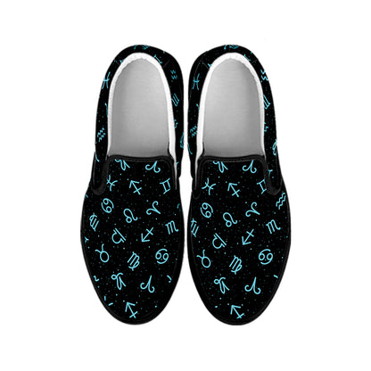 Blue Zodiac Symbols Pattern Print Black Slip On Shoes