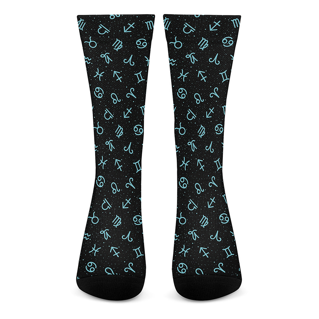 Blue Zodiac Symbols Pattern Print Crew Socks