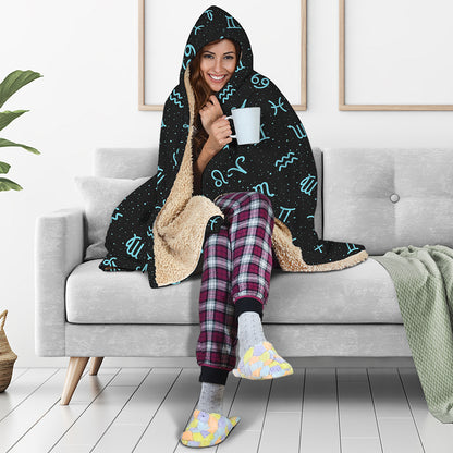Blue Zodiac Symbols Pattern Print Hooded Blanket