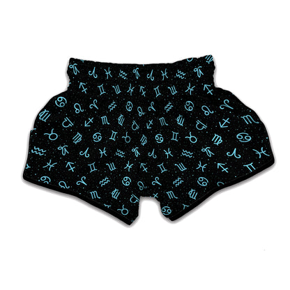 Blue Zodiac Symbols Pattern Print Muay Thai Boxing Shorts