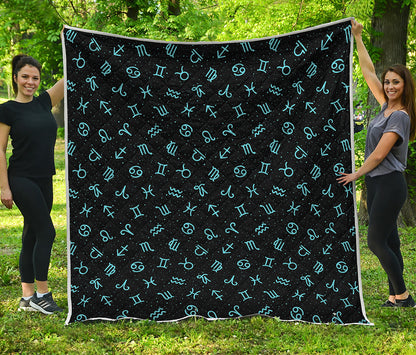 Blue Zodiac Symbols Pattern Print Quilt