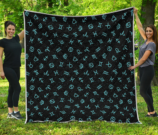 Blue Zodiac Symbols Pattern Print Quilt