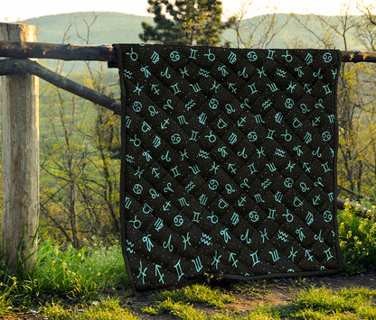 Blue Zodiac Symbols Pattern Print Quilt