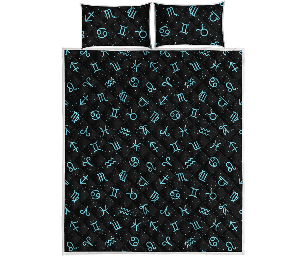 Blue Zodiac Symbols Pattern Print Quilt Bed Set