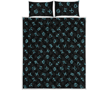 Blue Zodiac Symbols Pattern Print Quilt Bed Set