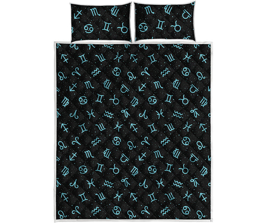 Blue Zodiac Symbols Pattern Print Quilt Bed Set