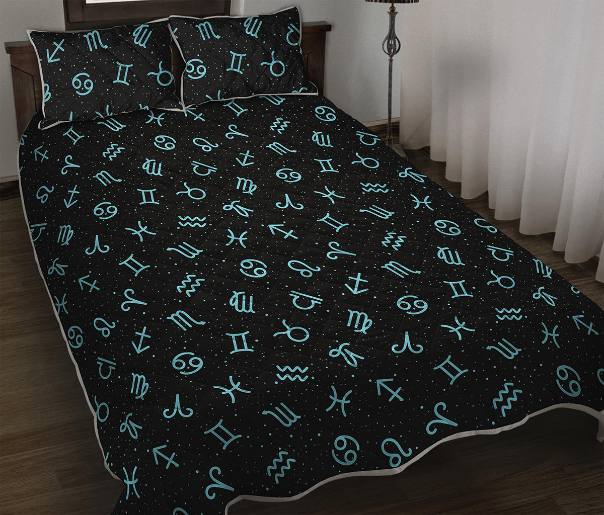 Blue Zodiac Symbols Pattern Print Quilt Bed Set