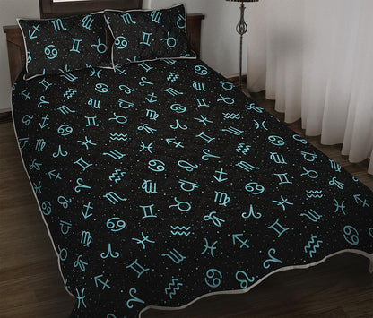 Blue Zodiac Symbols Pattern Print Quilt Bed Set