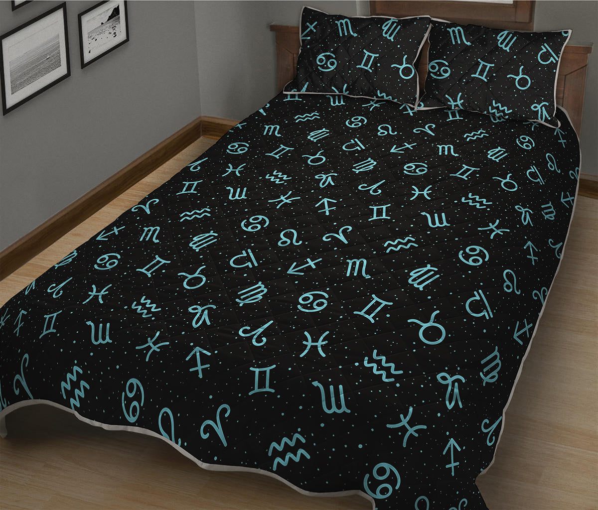 Blue Zodiac Symbols Pattern Print Quilt Bed Set