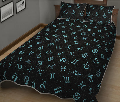 Blue Zodiac Symbols Pattern Print Quilt Bed Set