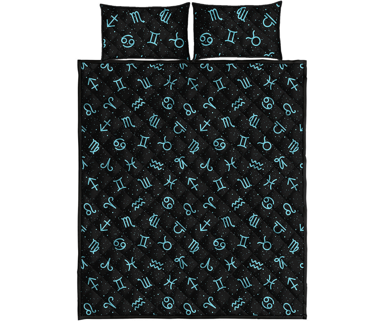 Blue Zodiac Symbols Pattern Print Quilt Bed Set